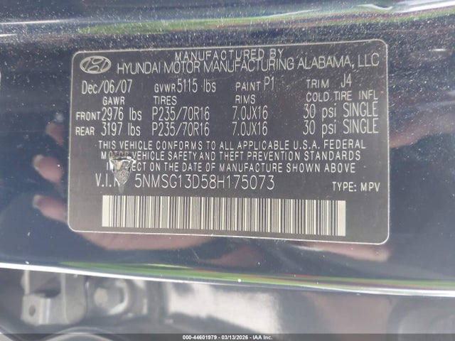 Aukcja sprzedaży 2008 Hyundai Santa Fe Gls, vin: 5NMSG13D58H175073, numer aukcji: 44601979