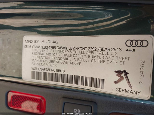 Продаж на аукціоні авто 2017 Audi A4 2.0t Premium, vin: WAUENAF48HN019916, номер лоту: 44601990