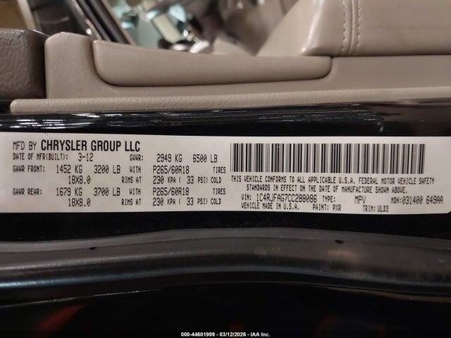 Aukcja sprzedaży 2012 Jeep Grand Cherokee Laredo, vin: 1C4RJFAG7CC288086, numer aukcji: 44601999