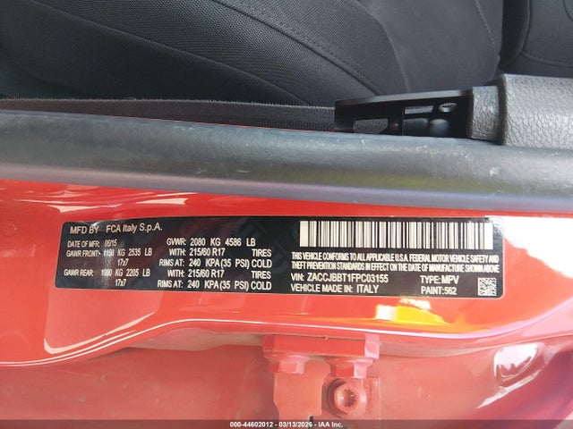 44602012 :رقم المزاد ، ZACCJBBT1FPC03155 vin ، 2015 Jeep Renegade Latitude مزاد بيع