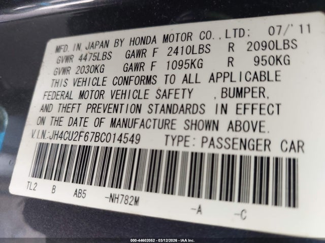 44602052 :رقم المزاد ، JH4CU2F67BC014549 vin ، 2011 Acura Tsx 2.4 مزاد بيع