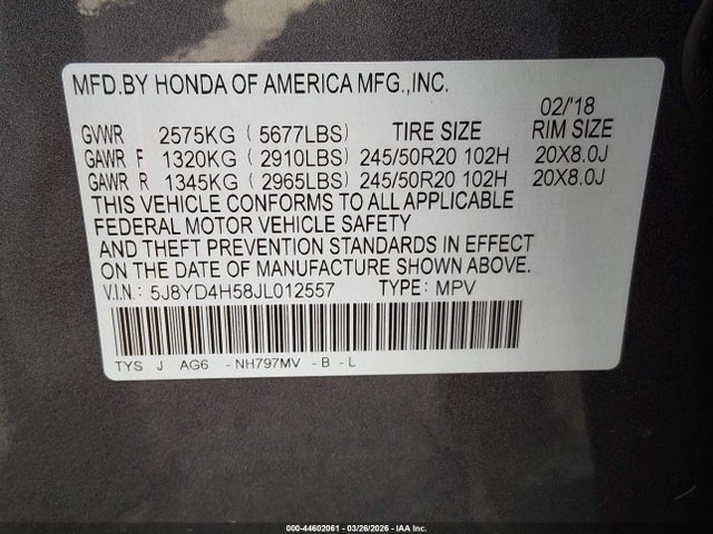 5J8YD4H58JL012557 Acura Mdx Technology Package Acurawatch Plus Pkg