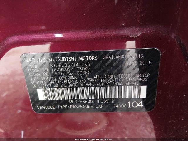 2017 MITSUBISHI MIRAGE G4 ML32F3FJ8HHF05912 Photo 8