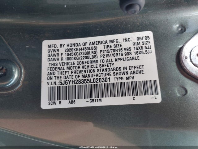 Aukcja sprzedaży 2005 Honda Element Lx, vin: 5J6YH28355L020301, numer aukcji: 44602078