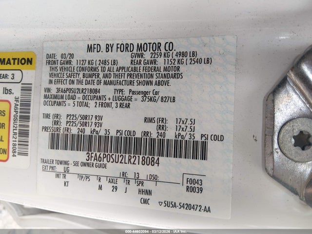 2020 Ford Fusion Plug-in Hybrid Titanium მანქანა იყიდება აუქციონზე, vin: 3FA6P0SU2LR218084, აუქციონის ნომერი: 44602094