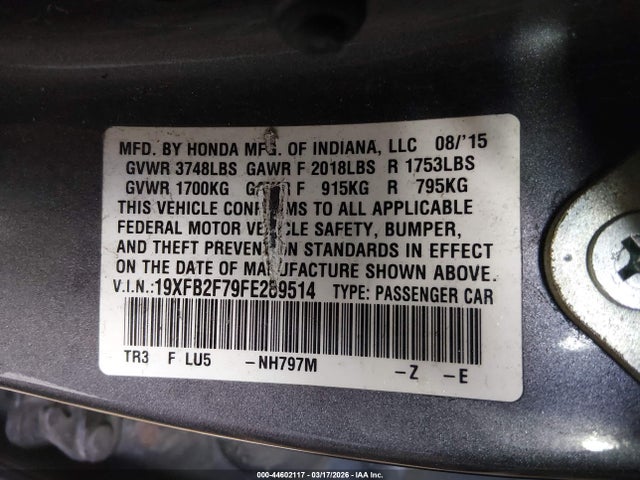 Продаж на аукціоні авто 2015 Honda Civic Se, vin: 19XFB2F79FE289514, номер лоту: 44602117