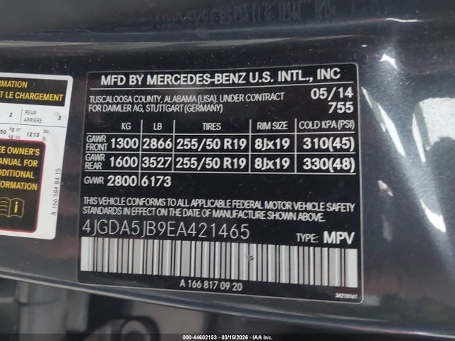 Aukcja sprzedaży 2014 Mercedes-benz Ml 350, vin: 4JGDA5JB9EA421465, numer aukcji: 44602153