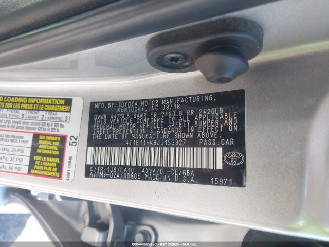 Продажа на аукционе авто 2018 Toyota Camry Xle, vin: 4T1B11HK8JU153927, номер лота: 44602163