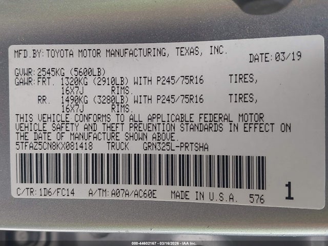 Aukcja sprzedaży 2019 Toyota Tacoma Sr5 V6, vin: 5TFAZ5CN8KX081418, numer aukcji: 44602167