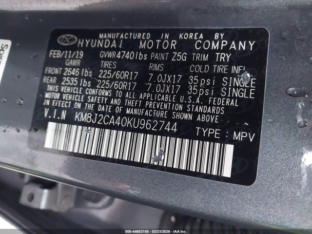 2019 Hyundai Tucson Se მანქანა იყიდება აუქციონზე, vin: KM8J2CA40KU962744, აუქციონის ნომერი: 44602188