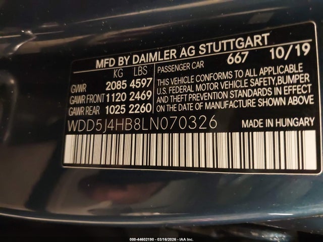 Aukcja sprzedaży 2020 Mercedes-benz Cla 250 4matic, vin: WDD5J4HB8LN070326, numer aukcji: 44602190
