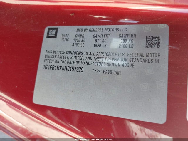 1G1FB1RX0H0157929 Chevrolet Camaro 1lt