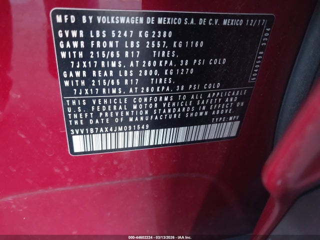 Aukcja sprzedaży 2018 Volkswagen Tiguan 2.0t S, vin: 3VV1B7AX4JM091549, numer aukcji: 44602224