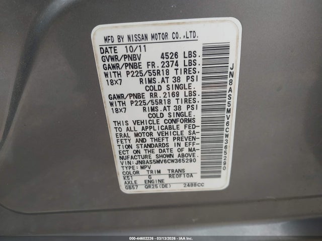 44602226 :رقم المزاد ، JN8AS5MV6CW365290 vin ، 2012 Nissan Rogue Sv W/sl Pkg مزاد بيع