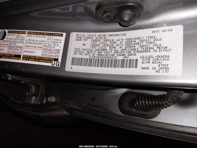 2004 Lexus Gx 470 მანქანა იყიდება აუქციონზე, vin: JTJBT20X240054315, აუქციონის ნომერი: 44602240
