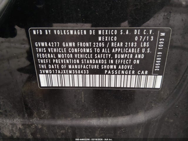 2014 Volkswagen Jetta 1.8t Se მანქანა იყიდება აუქციონზე, vin: 3VWD17AJXEM358433, აუქციონის ნომერი: 44602256