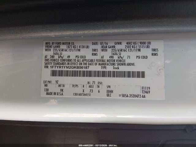 Aukcja sprzedaży 2016 Ford Transit-250, vin: 1FTYR1YM2GKB56187, numer aukcji: 44602261