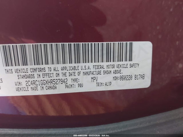 Продаж на аукціоні авто 2017 Chrysler Pacifica Limited, vin: 2C4RC1GGXHR527942, номер лоту: 44602266