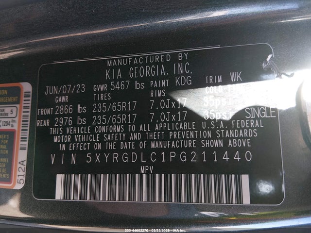 2023 Kia Sorento Lx მანქანა იყიდება აუქციონზე, vin: 5XYRGDLC1PG211440, აუქციონის ნომერი: 44602270