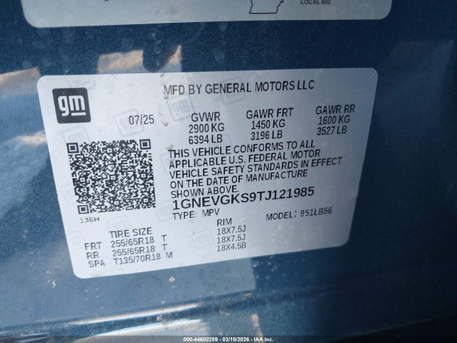 1GNEVGKS9TJ121985 Chevrolet Traverse Awd Lt