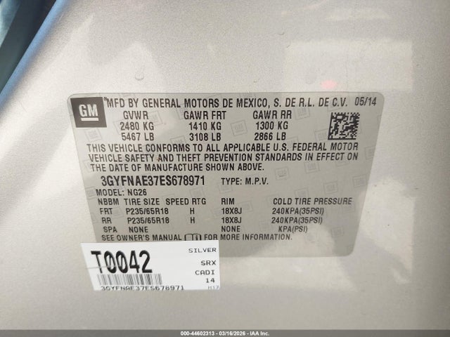 Aukcja sprzedaży 2014 Cadillac Srx Standard, vin: 3GYFNAE37ES678971, numer aukcji: 44602313