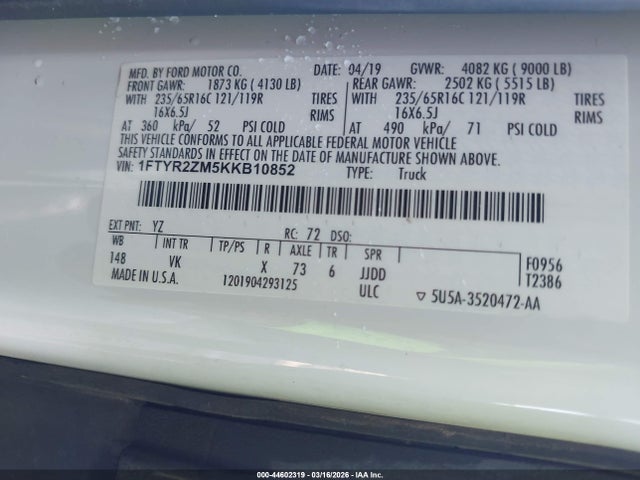 44602319 :رقم المزاد ، 1FTYR2ZM5KKB10852 vin ، 2019 Ford Transit-250 مزاد بيع