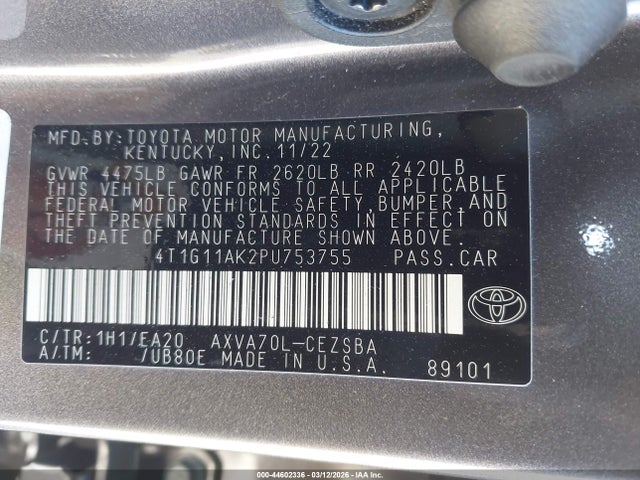 2023 Toyota Camry Se მანქანა იყიდება აუქციონზე, vin: 4T1G11AK2PU753755, აუქციონის ნომერი: 44602336