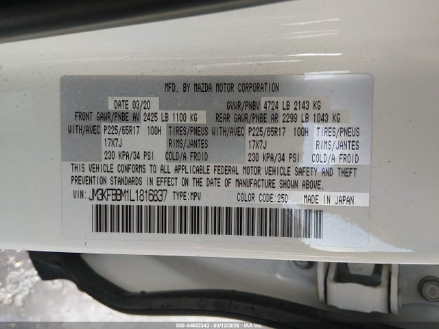 Aukcja sprzedaży 2020 Mazda Cx-5 Sport, vin: JM3KFBBM1L1816837, numer aukcji: 44602343