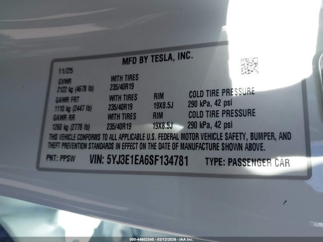 5YJ3E1EA6SF134781 Tesla Model 3 Long Range Rear-wheel Drive/standard Rear-wheel Drive