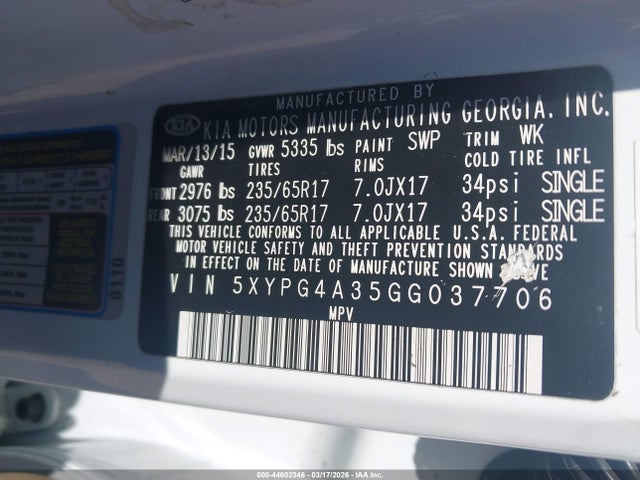 5XYPG4A35GG037706 KIA Sorento 2.4l Lx