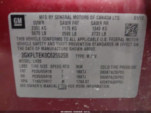 44602353 :رقم المزاد ، 2GKFLTEK0C6255258 vin ، 2012 Gmc Terrain Sle-2 مزاد بيع