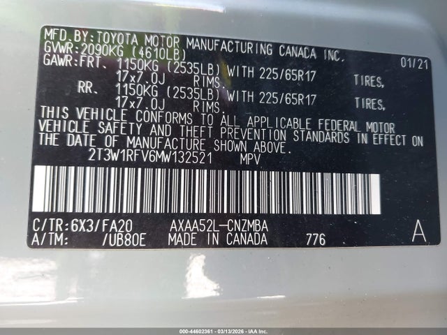 2T3W1RFV6MW132521 Toyota Rav4 Xle