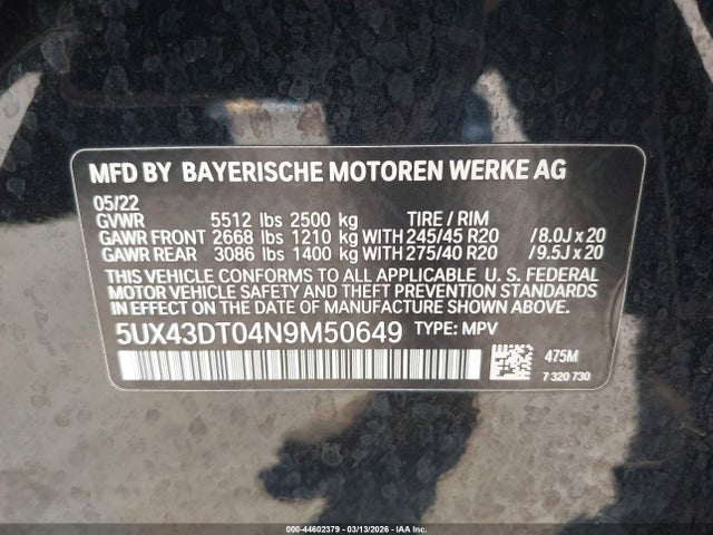 2022 Bmw X4 M40i მანქანა იყიდება აუქციონზე, vin: 5UX43DT04N9M50649, აუქციონის ნომერი: 44602379
