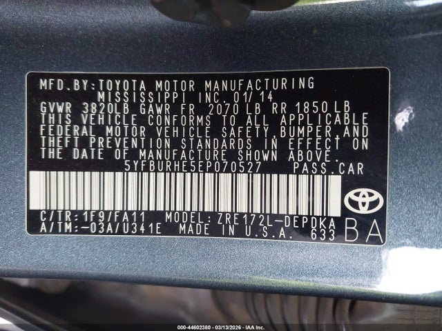 5YFBURHE5EP070527 Toyota COROLLA L