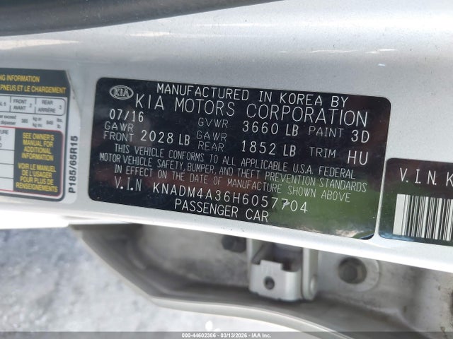 KNADM4A36H6057704 KIA RIO LX