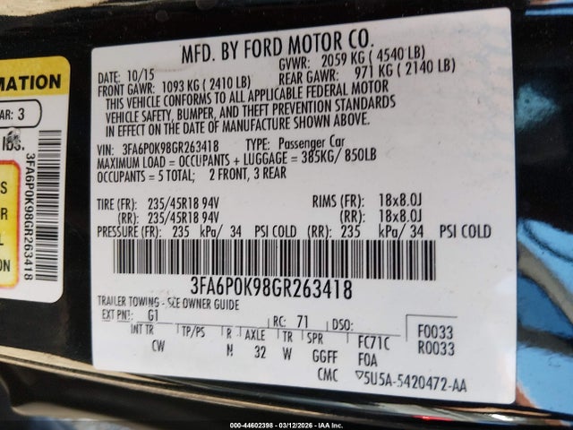 2016 FORD FUSION 3FA6P0K98GR263418 Photo 8