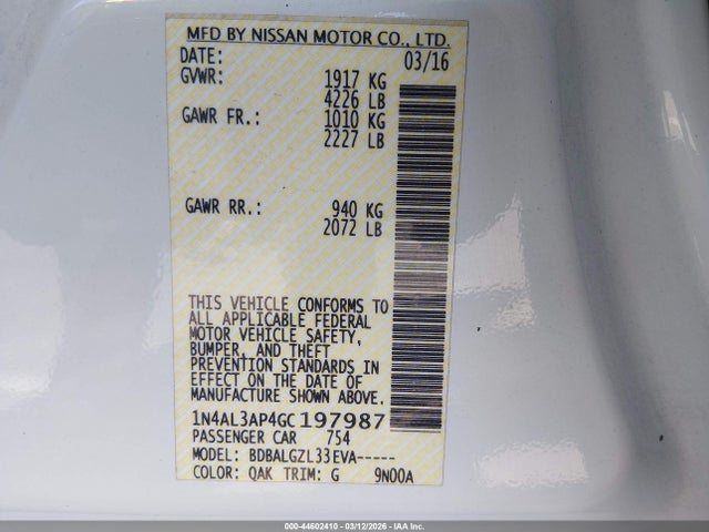 1N4AL3AP4GC197987 Nissan Altima 2.5/2.5 S/2.5 Sl/2.5 Sr/2.5 Sv