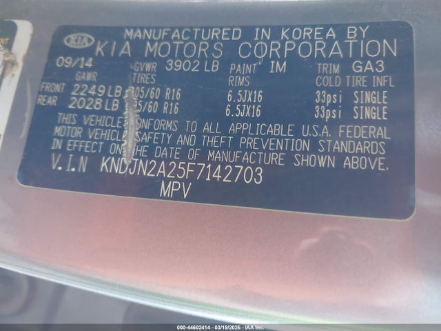2015 Kia Soul მანქანა იყიდება აუქციონზე, vin: KNDJN2A25F7142703, აუქციონის ნომერი: 44602414