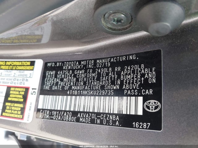 4T1B11HK5KU229735 Toyota CAMRY LE