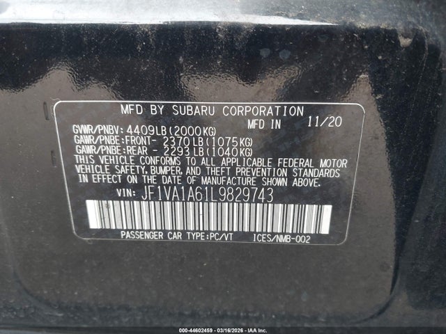 Продажа на аукционе авто 2020 Subaru Wrx, vin: JF1VA1A61L9829743, номер лота: 44602459
