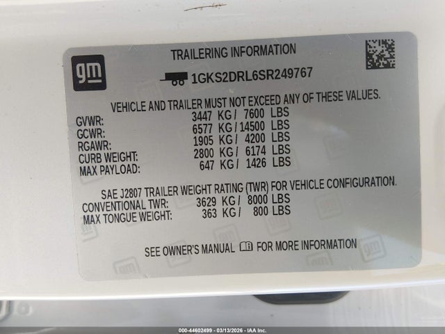 44602499 :رقم المزاد ، 1GKS2DRL6SR249767 vin ، 2025 Gmc Yukon 4wd Denali مزاد بيع