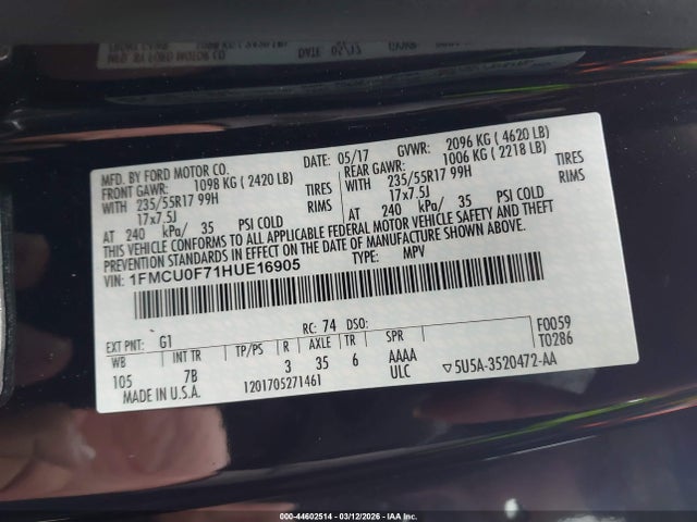 1FMCU0F71HUE16905 Ford ESCAPE S