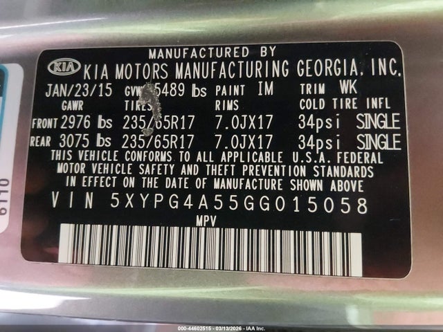 5XYPG4A55GG015058 KIA Sorento 3.3l Lx