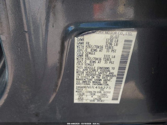 44602520 :رقم المزاد ، 1N6AD07U57C456275 vin ، 2007 Nissan Frontier Se مزاد بيع