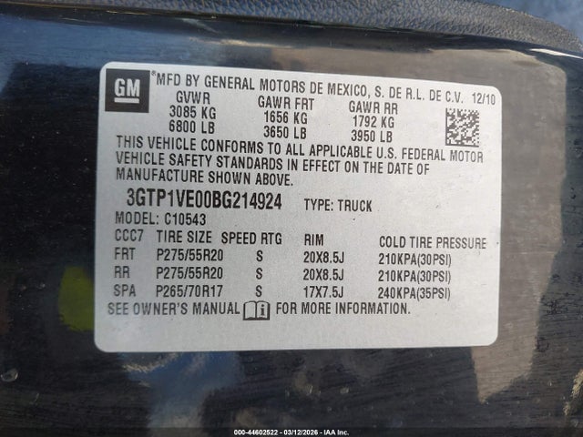 Aukcja sprzedaży 2011 Gmc Sierra 1500 Sle, vin: 3GTP1VE00BG214924, numer aukcji: 44602522