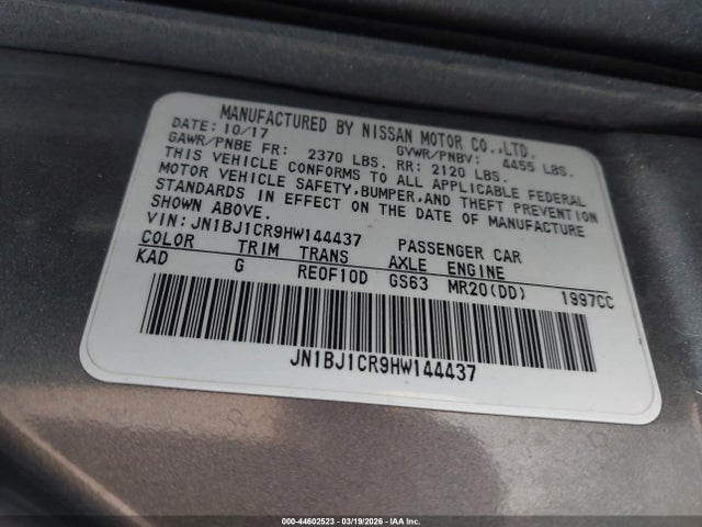 2017 Nissan Rogue Sport S მანქანა იყიდება აუქციონზე, vin: JN1BJ1CR9HW144437, აუქციონის ნომერი: 44602523