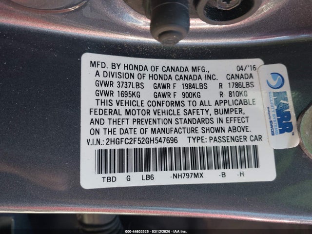 Honda Civic Lx 2016 2HGFC2F52GH547696 Image 9