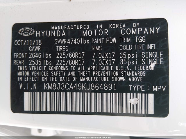 KM8J3CA49KU864891 Hyundai Tucson Value