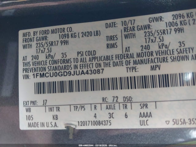 1FMCU0GD9JUA43087 Ford ESCAPE SE