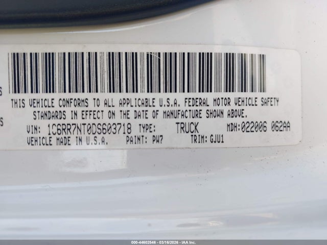 Продажа на аукционе авто 2013 Ram 1500 Laramie, vin: 1C6RR7NT0DS603718, номер лота: 44602546